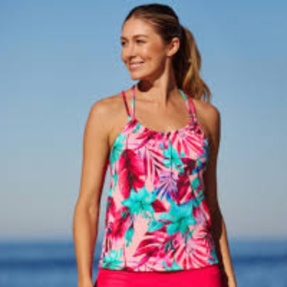 New Next by Athena Beach Club Tropical Print Bra Size Tankini Swim Top